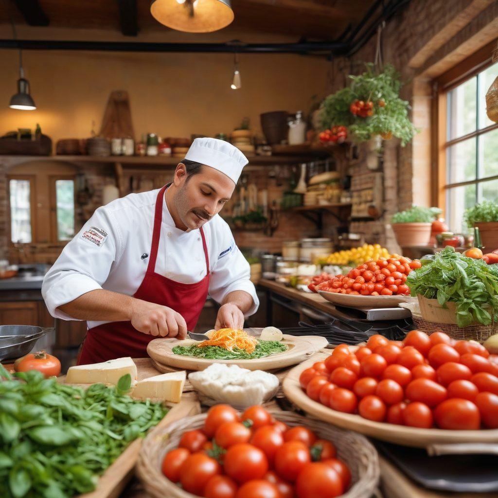 A vibrant Italian market scene showcasing fresh ingredients like tomatoes, basil, and unique cheeses, with a charming rustic kitchen in the background. A chef passionately plating traditional dishes such as pasta and risotto, with colorful herbs scattered around. Soft natural lighting illuminating the rich textures and vivid colors of the food, inviting viewers to taste the culinary delights. super-realistic. vibrant colors. warm ambiance.