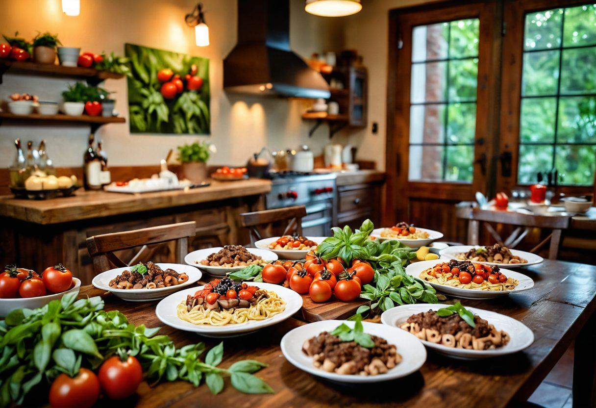 A beautifully laid table adorned with a variety of Italian dishes including pasta, bruschetta, and tiramisu, surrounded by lush green basil and ripe tomatoes. In the background, a rustic Italian kitchen with vibrant artwork and a chef skillfully preparing a meal. Soft lighting creates a warm and inviting atmosphere. super-realistic. vibrant colors. warm tones.