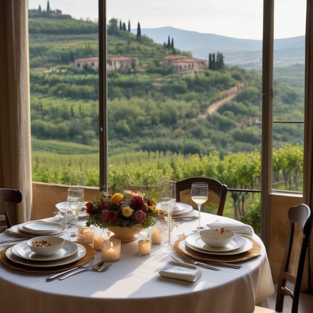 A lavishly set dining table adorned with fine Italian porcelain, silverware, and a breathtaking view of the Italian countryside through a grand window. Include exquisite gourmet dishes like truffle risotto and panna cotta, paired with crystal wine glasses filled with Chianti. Soft candlelight creates an intimate atmosphere, and subtle herbs and spices are artistically scattered on the table. The backdrop features romantic Tuscan architecture and blooming vineyards. vibrant colors. painting.